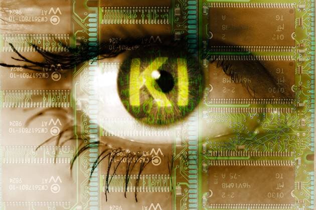 Tschechien, Hochschule streicht wegen KI und Plagiate Bachelorarbeiten FOTOMONTAGE, Auge einer Frau mit BinÃ¤rcode und dem Schriftzug KI, Symbolfoto kÃ¼nstliche Intelligenz *** PHOTOMONTAGE, eye of a woman with binary code and the lettering AI, symbol photo artificial intelligence ** NUR FUER REDAKTIONELLE ZWECKE ** EDITORIAL USE ONLY **