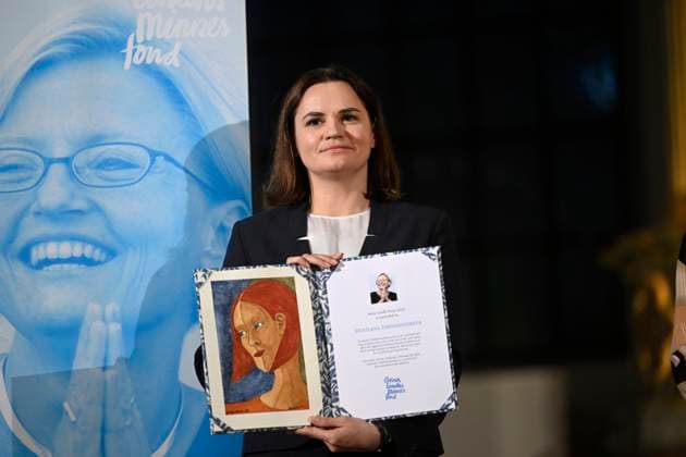 Exiled Belarusian opposition leader Svetlana Tikhanovskaya accepts the 2023 Anna Lindh Prize during a memorial ceremony held at Katarina church in Stockholm, Sweden September 11, 2023, 20 years after Swedish politician and Minister for Foreign Affairs Anna Lindh was murdered Stockholm Sweden x10080x  Copyright: xFredrikxSandberg TTx ANNA LINDH PRIZE 2023 TTNEWS021721
