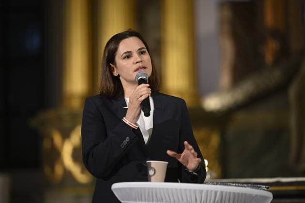 STOCKOHLM 20230911 Belarusian opposition leader and former presidential candidate Svetlana Tikhanovskaya delivers a speech at the Anna Lindh Prize award ceremony in Katarina Church 20 years after Anna Lindhs death Stockholm Sweden x10080x  Copyright: xFredrikxSandberg TTx ANNA LIND-PRISET 2023 TTABB0000000000212997