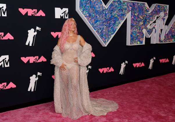 Karol G arrives on the red carpet at the 2023 MTV Video Music Awards VMA s at the Prudential Center in Newark, New Jersey, on Tuesday, September 12, 2023.  NYP20230912111 JOHNxANGELILLO