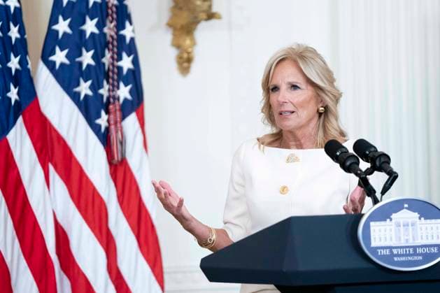 First Lady Jill Biden speaks during an event to celebrate the 2023 Praemium Imperiale Laureates in the East Room of the White House in Washington, DC on Tuesday, September 12, 2023. The Praemium Imperiale is a global arts prize awarded annually by the Japan Art Association for lifetime achievement in arts.  WAP20230912352 BONNIExCASH