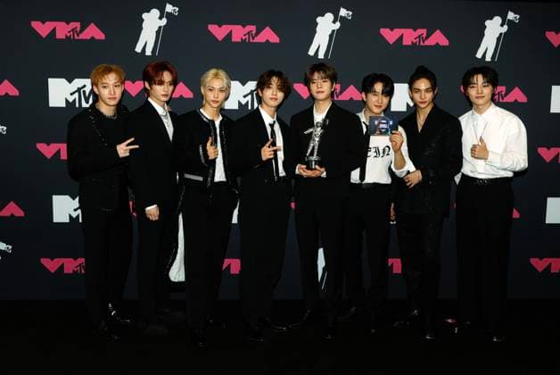 Stray Kids arrive in the press room at the 2023 MTV Video Music Awards VMA s at the Prudential Center in Newark, NJ on Tuesday, September 12, 2023.  NYP20230912802 JASONxSZENES