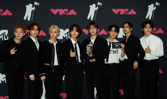 Stray Kids arrive in the press room at the 2023 MTV Video Music Awards VMA s at the Prudential Center in Newark, NJ on Tuesday, September 12, 2023.  NYP20230912807 JASONxSZENES
