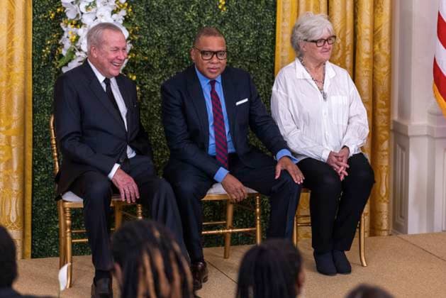 Praemium Imperiale Laureates Robert Wilson, Wynton Marsalis, and Vija Celmins listen to remarks in the East Room of the White House during the 2023 Praemium Imperiale Laureate ceremony in Washington, DC on Tuesday, September 12, 2023. The Praemium Imperiale is a global arts prize awarded annually by the Japan Art Association for lifetime achievement in the arts. Copyright: xCNPx xMediaPunchx