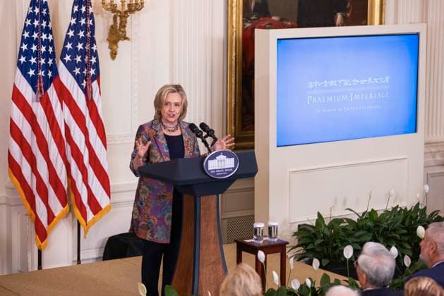 Former US Secretary of State Hillary Clinton gives remarks in the East Room of the White House during the 2023 Praemium Imperiale Laureate ceremony in Washington, DC on Tuesday, September 12, 2023. The Praemium Imperiale is a global arts prize awarded annually by the Japan Art Association for lifetime achievement in the arts. Copyright: xCNPx xMediaPunchx