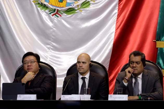Jaime Maussan presents public hearing on UFOs in the Chamber of Deputies of Mexico September 12, 2023, Mexico City, Mexico: Congressman of Japan, Yoshiharu Asakawa; the former retired US Air Force pilot, Ryan Graves and the federal representative, Sergio Gutierrez Luna, at the Mexico Public Hearing on Unidentified Anomalous Phenomena in the Chamber of Deputies in Mexico City. on September 12, 2023 in Mexico City, Mexico, Credit:Luis Barron Eyepix Group Avalon Mexico, Mexico City, Mexico City  Copyright: xLuisxBarronx xEyepixxGroupx xAvalonx 0804897480