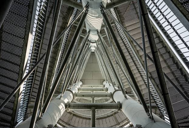Creative Highlights World Dessel, Antwerp Province, Belgium, September 7, 2023 - Low angle view over the steel construction of the SAS 4 watching tower