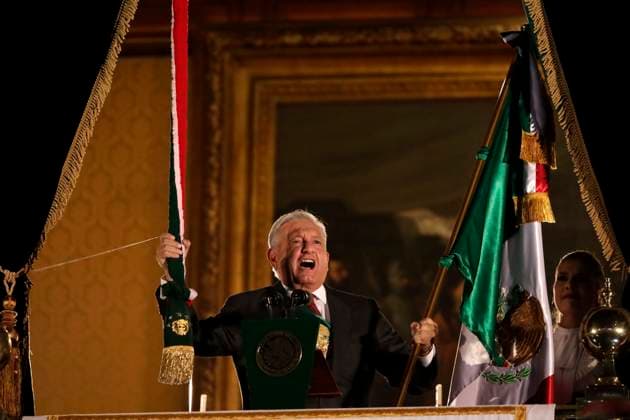 Andres Manuel Lopez Obrador, president of Mexico, gives the Cry of Independence September 15, 2023, Mexico City, Mexico: The president of Mexico, Andres Manuel Lopez Obrador, accompanied by his wife, Beatriz Gutierrez, presides over the ceremony of the Cry of Independence of Mexico, on the 213th anniversary of the beginning of the independence struggle, in the Zocalo in Mexico City. on September 15, 2023 in Mexico City, Mexico (Photo by Luis Barron Eyepix Group). Copyright: xLuisxBarronx xEyepixxGroupx LB_20230915_AMLO9