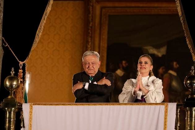 Andres Manuel Lopez Obrador, president of Mexico, gives the Cry of Independence September 15, 2023, Mexico City, Mexico: The president of Mexico, Andres Manuel Lopez Obrador, accompanied by his wife, Beatriz Gutierrez, presides over the ceremony of the Cry of Independence of Mexico, on the 213th anniversary of the beginning of the independence struggle, in the Zocalo in Mexico City. on September 15, 2023 in Mexico City, Mexico (Photo by Luis Barron Eyepix Group). Copyright: xLuisxBarronx xEyepixxGroupx LB_20230915_AMLO25