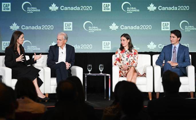 September 16, 2023, Montreal, PQ, Canada: Prime Minister Justin Trudeau, right, takes part in a leaders panel discussion with, from left, Jacinda Ardern, Former Prime Minister of New Zealand, Jonas Gahr Store, Prime Minister of Norway and Sanna Marin, Former Prime Minister of Finland, at the Global Progress Action Summit in Montreal, Saturday, September 16, 2023. Montreal Canada - ZUMAc35_ 20230916_zaf_c35_088 Copyright: xGrahamxHughesx