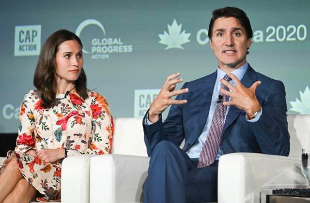 September 16, 2023, Montreal, PQ, Canada: Prime Minister Justin Trudeau takes part in a leaders panel discussion alongside Sanna Marin, Former Prime Minister of Finland, at the Global Progress Action Summit in Montreal, Saturday, September 16, 2023. Montreal Canada  - ZUMAc35_ 20230916_zaf_c35_086 Copyright: xGrahamxHughesx