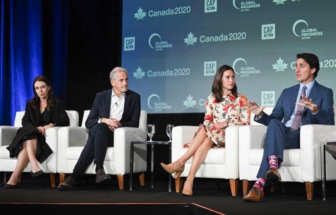 September 16, 2023, Montreal, PQ, Canada: Prime Minister Justin Trudeau, right, takes part in a leaders panel discussion with, from left, Jacinda Ardern, Former Prime Minister of New Zealand, Jonas Gahr Store, Prime Minister of Norway and Sanna Marin, Former Prime Minister of Finland, at the Global Progress Action Summit in Montreal, Saturday, September 16, 2023. Montreal Canada - ZUMAc35_ 20230916_zaf_c35_090 Copyright: xGrahamxHughesx