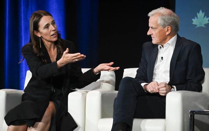 September 16, 2023, Montreal, PQ, Canada: Former Prime Minister of New Zealand Jacinda Ardern and Prime Minister of Norway Jonas Gahr Store take part in a leaders panel discussion at the Global Progress Action Summit in Montreal, Saturday, September 16, 2023. Montreal Canada  - ZUMAc35_ 20230916_zaf_c35_094 Copyright: xGrahamxHughesx