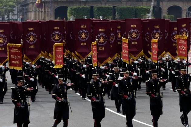 September 16, 2023, Mexico City, Mexico: Armed and public security forces participate in the military parade for the 213th anniversary of national independence in the Zocalo in Mexico City. on September 16, 2023 in Mexico City, Mexico Mexico City Mexico - ZUMAe321 20230916_zia_e321_060 Copyright: xLuisxBarronx