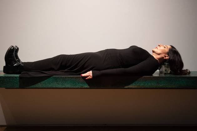 Marina Abramovic Exhibition - Royal Academy, London Serbian conceptual artis Marina Abramovic lies on her artwork Green Dragon at The Royal Academy s first exhibition of her works - Royal Academy, London, England, UK on Tuesday 19 September, 2023. The exhibition runs from 23 September 2023 - 1 January 2024. Please note photos are strictly for editorial use only and to report a current event or to illustrate a review or criticism of a work , Credit:Justin Ng Avalon UK, England, London, Royal Academy  Copyright: xJustinxNgx xAvalonx 0806411263