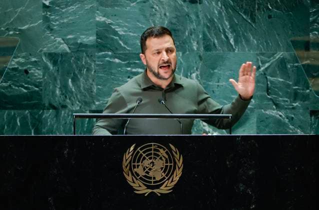 Bilder des Jahres 2023, News 09 September News Themen der Woche KW38 News Bilder des Tages President of Ukraine Volodymyr Zelenskyy speaks at the UN General Assembly 78th session General Debate in UN General Assembly Hall at the United Nations Headquarters on Tuesday, September 19, 2023 in New York City.  NYP20230919542 JASONxSZENES