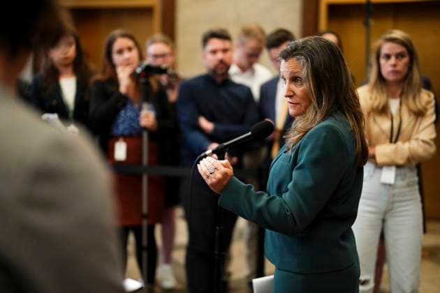 September 19, 2023, Ottawa, Ontario, Canada: Deputy Prime Minister and Minister of Finance Chrystia Freeland speaks to reporters in the foyer of the House of Commons on Parliament Hill in Ottawa on Tuesday, Sept. 19, 2023. Ottawa Canada  - ZUMAc35_ 20230919_zaf_c35_071 Copyright: xSeanxKilpatrickx