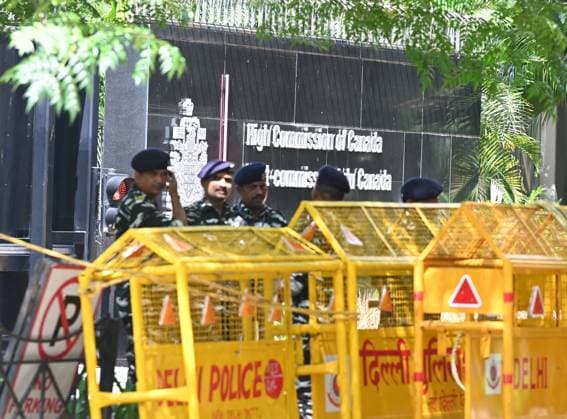 NEW DELHI, INDIA - SEPTEMBER 19: Heavy security deployed at High Commission of Canada on September 19, 2023 in New Delhi, India. A senior Canadian diplomat was ordered to leave India on September 19, New Delhi s foreign ministry said, hours after Ottawa expelled an Indian diplomat over the killing of a Sikh separatist near Vancouver. (Photo by Sonu Mehta Hindustan Times) Security Beefed Up Around Canadian High Commission In New Delhi