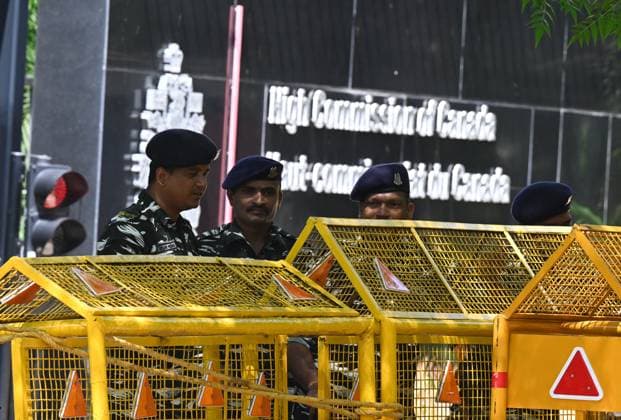NEW DELHI, INDIA - SEPTEMBER 19: Heavy security deployed at High Commission of Canada on September 19, 2023 in New Delhi, India. A senior Canadian diplomat was ordered to leave India on September 19, New Delhi s foreign ministry said, hours after Ottawa expelled an Indian diplomat over the killing of a Sikh separatist near Vancouver. (Photo by Sonu Mehta Hindustan Times) Security Beefed Up Around Canadian High Commission In New Delhi