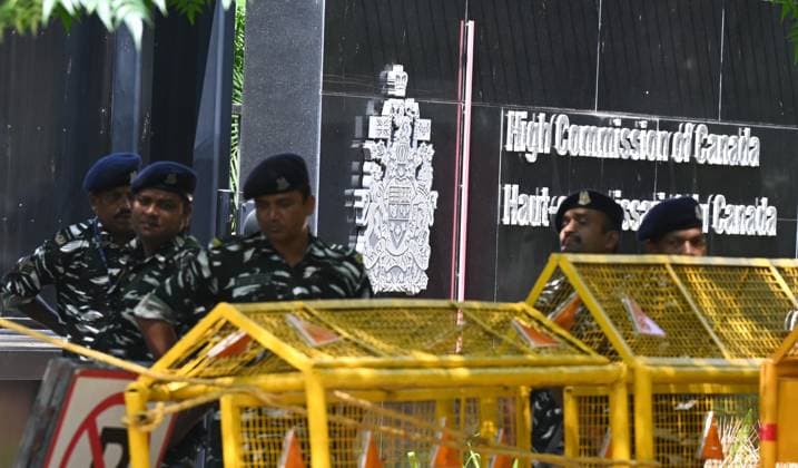 NEW DELHI, INDIA - SEPTEMBER 19: Heavy security deployed at High Commission of Canada on September 19, 2023 in New Delhi, India. A senior Canadian diplomat was ordered to leave India on September 19, New Delhi s foreign ministry said, hours after Ottawa expelled an Indian diplomat over the killing of a Sikh separatist near Vancouver. (Photo by Sonu Mehta Hindustan Times) Security Beefed Up Around Canadian High Commission In New Delhi
