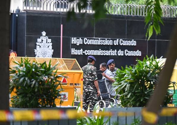 NEW DELHI, INDIA - SEPTEMBER 19: Heavy security deployed at High Commission of Canada on September 19, 2023 in New Delhi, India. A senior Canadian diplomat was ordered to leave India on September 19, New Delhi s foreign ministry said, hours after Ottawa expelled an Indian diplomat over the killing of a Sikh separatist near Vancouver. (Photo by Sonu Mehta Hindustan Times) Security Beefed Up Around Canadian High Commission In New Delhi