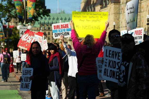 September 20, 2023, Ottawa, ON, CANADA: People hold signs during a demonstration in Ottawa, Wednesday, Sept. 20, 2023. Protests and counter-protests for and against Canada s trans and LGBTQ community are being planned across Canada on Wednesday. Ottawa CANADA  - ZUMAc35_ 20230920_zaf_c35_003 Copyright: xSeanxKilpatrickx