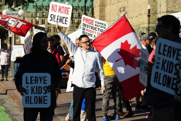 September 20, 2023, Ottawa, ON, CANADA: People hold signs during a demonstration in Ottawa, Wednesday, Sept. 20, 2023. Protests and counter-protests for and against Canada s trans and LGBTQ community are being planned across Canada on Wednesday. Ottawa CANADA  - ZUMAc35_ 20230920_zaf_c35_004 Copyright: xSeanxKilpatrickx