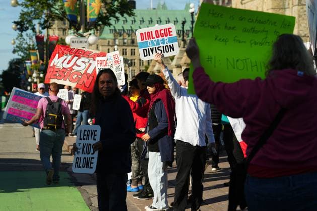 September 20, 2023, Ottawa, ON, CANADA: People hold signs during a demonstration in Ottawa, Wednesday, Sept. 20, 2023. Protests and counter-protests for and against Canada s trans and LGBTQ community are being planned across Canada on Wednesday. Ottawa CANADA  - ZUMAc35_ 20230920_zaf_c35_005 Copyright: xSeanxKilpatrickx
