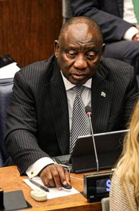 September 20, 2023, New York, New York, USA: MATAMELA CYRIL RAMAPHOSA, President of South Africa speaks at the Climate Ambition Summit at the UN Headquarters during the week of the 2023 UNGA gathering. This year the focus is primarily on the Sustainable Development Goals (SDG) in which sustainable solutions for current issues, to be determined and implemented by 2030. New York USA - ZUMAo116 20230920_znp_o116_078 Copyright: xBiancaxOterox