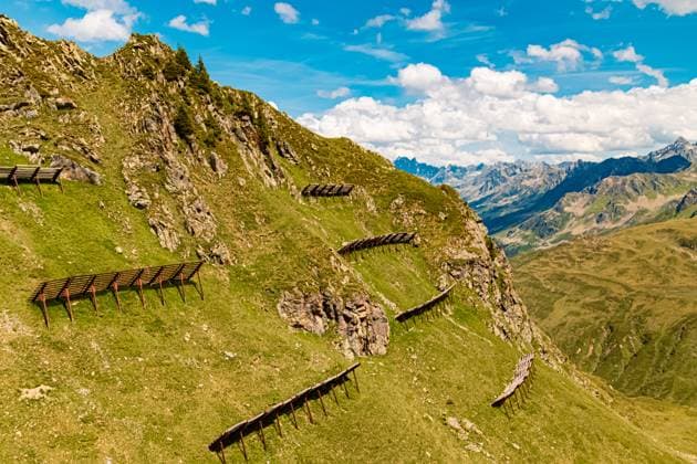 Alpine summer view with avalanche protections at Mount Kreuzjoch, Schruns, Bludenz, Montafon, Vorarlberg, Austria Kreuzjoch - ap.CR2_199