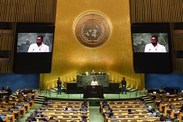 (230921) -- UNITED NATIONS, Sept. 21, 2023 -- President of Guyana Mohamed Irfaan Ali delivers a speech at the General Debate of the 78th session of the UN General Assembly at the UN headquarters in New York, Sept. 20, 2023. ) UN-GENERAL ASSEMBLY-GENERAL DEBATE LixRui 