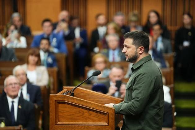September 22, 2023, Ottawa, ON, Canada: Ukrainian President Volodymyr Zelenskyy delivers a speech in the House of Commons in Ottawa on Friday, Sept. 22, 2023. Ottawa Canada  - ZUMAc35_ 20230922_zaf_c35_100 Copyright: xSeanxKilpatrickx