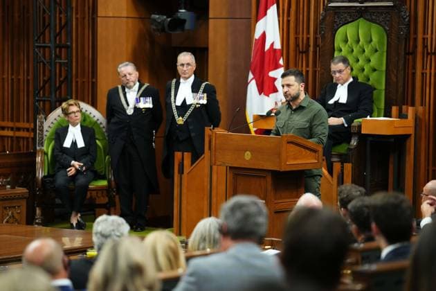 September 22, 2023, Ottawa, ON, Canada: Ukrainian President Volodymyr Zelenskyy delivers a speech in the House of Commons in Ottawa on Friday, Sept. 22, 2023. Ottawa Canada  - ZUMAc35_ 20230922_zaf_c35_103 Copyright: xSeanxKilpatrickx