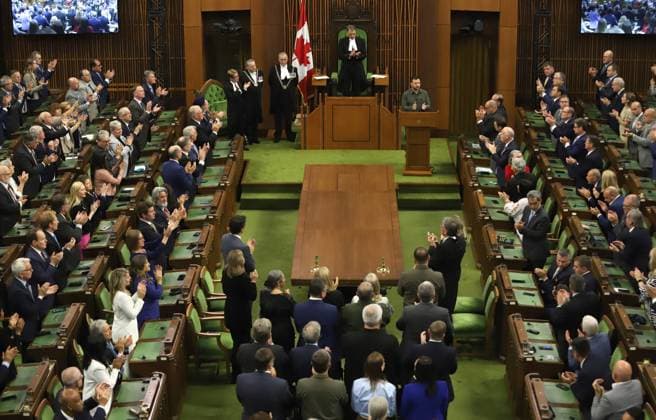 September 22, 2023, Ottawa, ON, Canada: Ukrainian President Volodymyr Zelenskyy speaks in the House of Commons on Parliament Hill in Ottawa on Friday, Sept. 22, 2023. Ottawa Canada  - ZUMAc35_ 20230922_zaf_c35_138 Copyright: xPatrickxDoylex