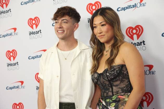 Kevin McHale (L) and Jenna Ushkowitz arrive for the iHeartRadio Music Festival at T-Mobile Arena in Las Vegas, Nevada on Friday, September 22, 2023.  LAV20230922008 JAMESxATOA