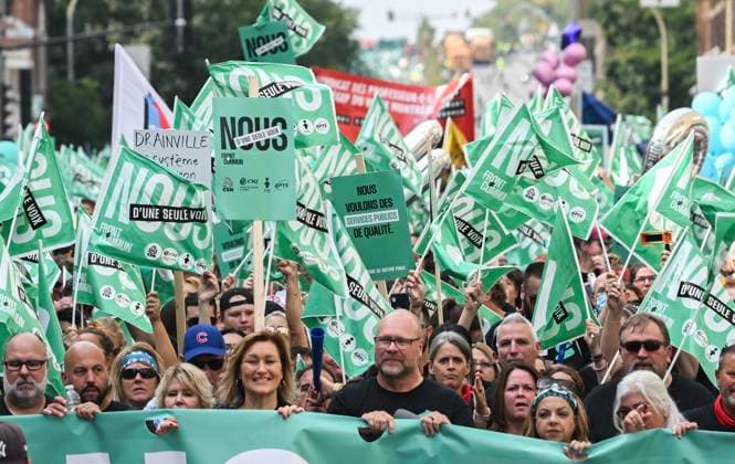 September 23, 2023, Montreal, PQ, Canada: People take part in a public sector union demonstration in Montreal, Saturday, September 23, 2023. Unions representing Quebec public sector workers say they expect thousands of people to attend a demonstration in downtown Montreal today. Montreal Canada  - ZUMAc35_ 20230923_zaf_c35_011 Copyright: xGrahamxHughesx