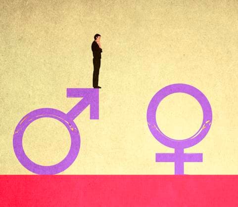 Confused man looking at female symbol from edge of male symbol, GWAF00202