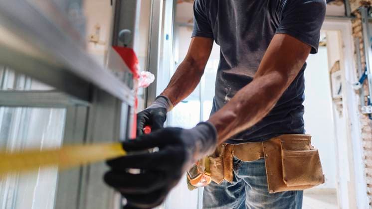 Mature construction worker measuring with tape model released, Symbolfoto property released, ASGF04311