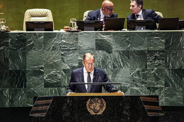 Bilder des Jahres 2023, News 09 September September 23, 2023, New York, New York, USA: SERGEY V. LAVROV, Minister for Foreign Affairs of the Russian Federation speaks at the 2023 78th UN General Assembly. His speech was filled with western geared criticism towards the West, by claiming, :The U.S. and its subordinate Western collective are continuing to fuel conflicts which artificially divide humanityÃ¢â‚¬Â while barely mentioning Ukraine. New York USA - ZUMAo116 20230923_znp_o116_016 Copyright: xBiancaxOterox