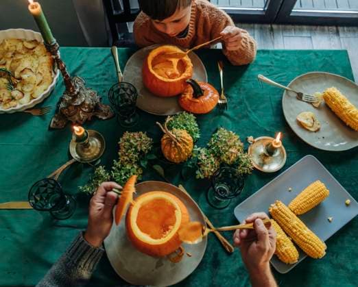 Father and son having thanksgiving dinner at table model released, Symbolfoto property released, VSNF01351