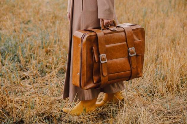 Creative Highlights Symbolbilder Woman with brown retro styled suitcase in field model released, Symbolfoto, VSNF01368