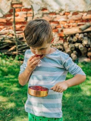 IMAGO Creative: Sommer, Sommertage im Garten Boy with cooking pan eating raspberry in backyard model released, Symbolfoto, VSNF01393