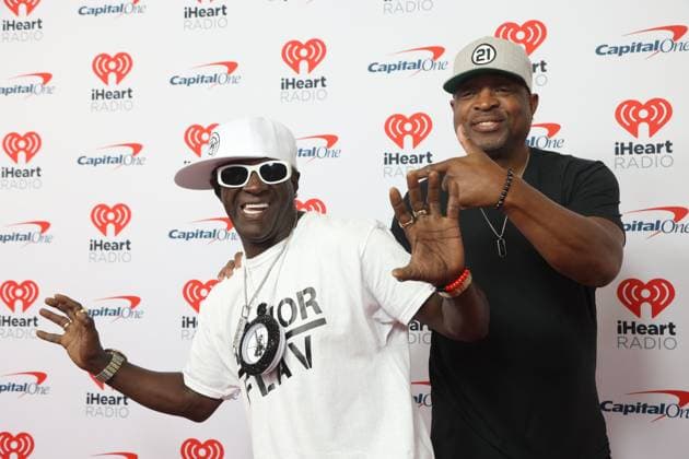 Flavor Flav (L) and Chuck D of Public Enemy arrive for the iHeartRadio Music Festival at T-Mobile Arena in Las Vegas, Nevada on Saturday, September 23, 2023.  LAV20230923003 JAMESxATOA