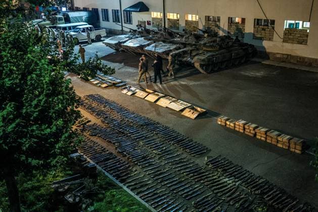 AZERBAIJAN, SHUSHA - SEPTEMBER 23, 2023: Captured firearms, ammunition and military hardware on display in the town of Shusha. According to the Azerbaijani Armed Forces, Karabakh s military hardware and weapons are handed over to Azerbaijani servicemen. Sergei Savostyanov TASS  62539746