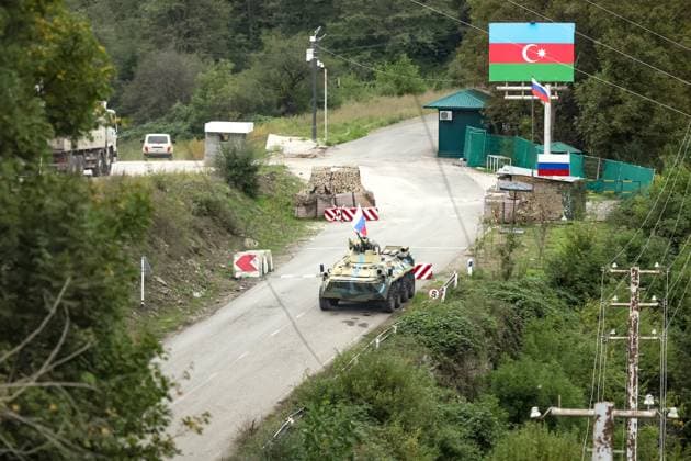 AZERBAIJAN, SHUSHA DISTRICT - SEPTEMBER 23, 2023: A BTR-82A armoured personnel carrier of the Russian peacekeeping force is seen in the Shusha District. According to the Azerbaijani Armed Forces, Karabakh s military hardware and weapons are being handed over to Azerbaijani forces. Sergei Savostyanov TASS  62540892