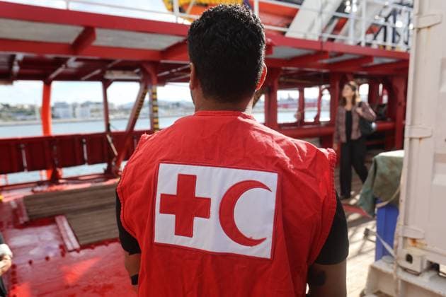 The humanitarian and rescue ship Ocean Viking of the NGO SOS Méditerranée in Marseille, France - 22 Sept 2023 View of a Red Cross and Red Crescent member on the humanitarian and rescue ship Ocean Viking calling at the French Mediterranean port of Marseille. The Ocean Viking, the ship, chartered by the NGO SOS Méditerranée, has been making a technical stopover in Marseille (France) since Wednesday September 20. The NGO has rescued nearly 39,000 people in the Mediterranean since 2016, mainly in the central Mediterranean, the most dangerous migration route in the world. On board the Ocean Viking, SOS Méditerranée takes care of the rescue part while the IFRC (International Federation of Red Cross and Red Crescent Societies) manages on-board car Copyright: xDenisxThaustx xSOPAxImagesx Denis Thaust-2516