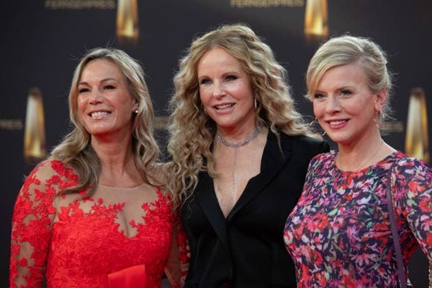 f l Birgit von BENTZEL, presenter, Katja BURKARD, presenter, Eva HABERMANN, actress, red carpet, red carpet show, arrival, award ceremony of the German Television Award, The German Television Award 2023, German Television Award 2023 in the MMC Studios Cologne, on 28 09 2023