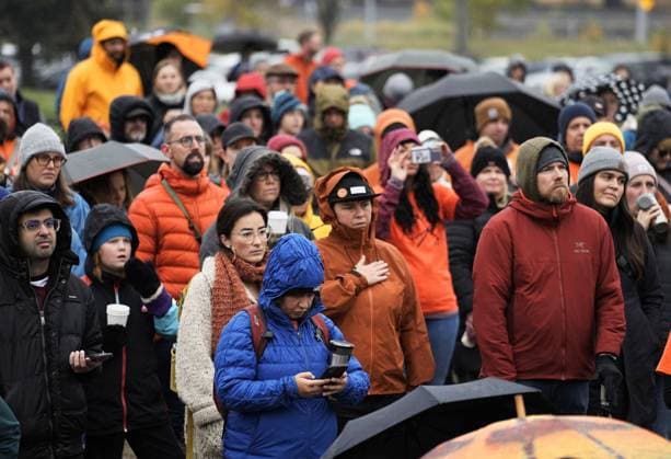 September 30, 2023, Calgary, AB, CANADA: People listen to a residential school survivor during the Truth and Reconciliation Day ceremonies in Calgary on Saturday, September 30, 2023. Calgary CANADA  - ZUMAc35_ 20230930_zaf_c35_016 Copyright: xToddxKorolx