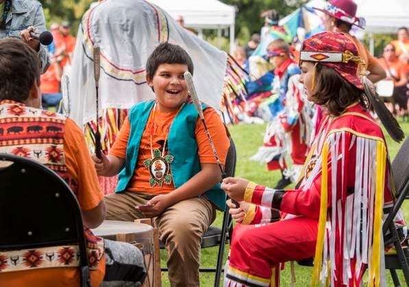 September 30, 2023, Fredericton, NB, CANADA: Triton Nash-Solomon, 11, and Jase Johnson, 11, right, sing and play their drum at a community gathering that was held to focus on healing and celebrating Indigenous culture and music as part of the Truth and Reconciliation Day on the Sitansisk (St. Marys First Nation) Pow Wow Grounds in Fredericton, New Brunswick on Saturday September 30, 2023. Fredericton CANADA - ZUMAc35_ 20230930_zaf_c35_103 Copyright: xStephenxMacgillivrayx