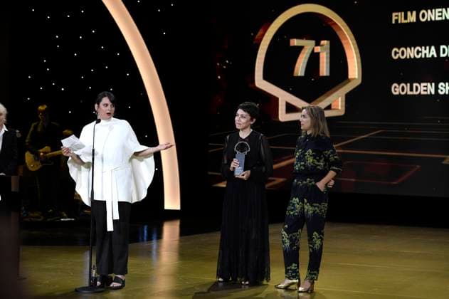 Jaione Camborda, Andrea Vazquez and Maria Zamora at the award ceremony at the 71 San Sebastian International Film Festival Festival Internacional de Cine de San Sebastian at the Kursaal San Sebastian, 30 09 2023 Foto:xC.xNiehausx xFuturexImagex preisverleihung_3935